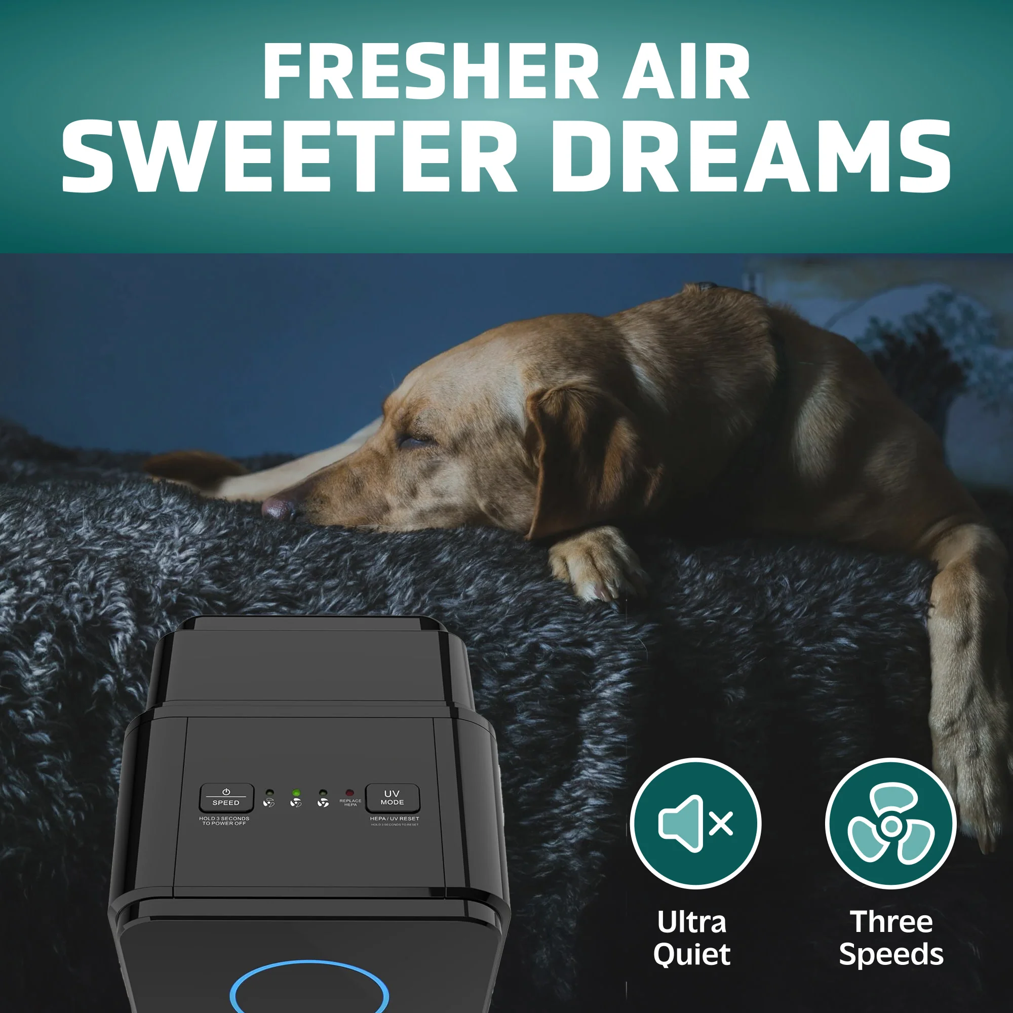 GermGuardian AC4300 PET PURE™ 22" Tower Air Purifier (3-speed 4-stage UV-C filtration, black) - Image 3
