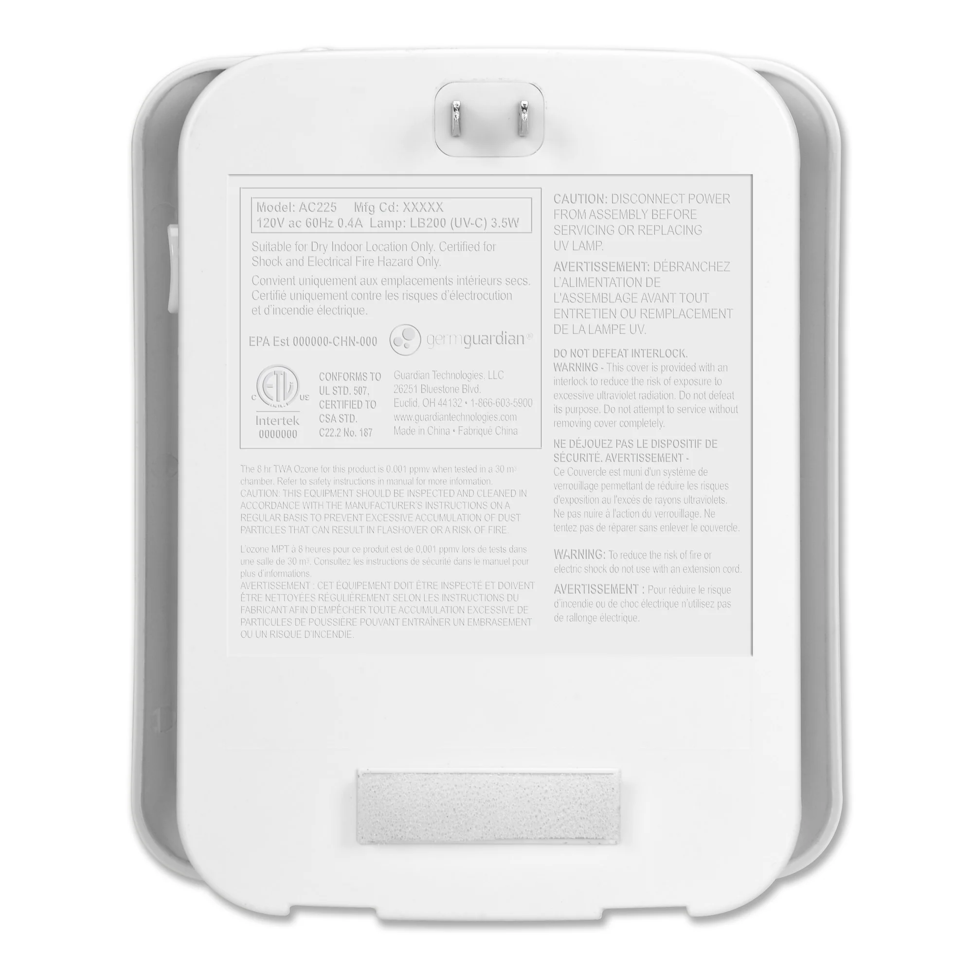 PureGuardian AC225 7" Pluggable Air Purifier (3-stage UV-C filtration, white) - Image 8
