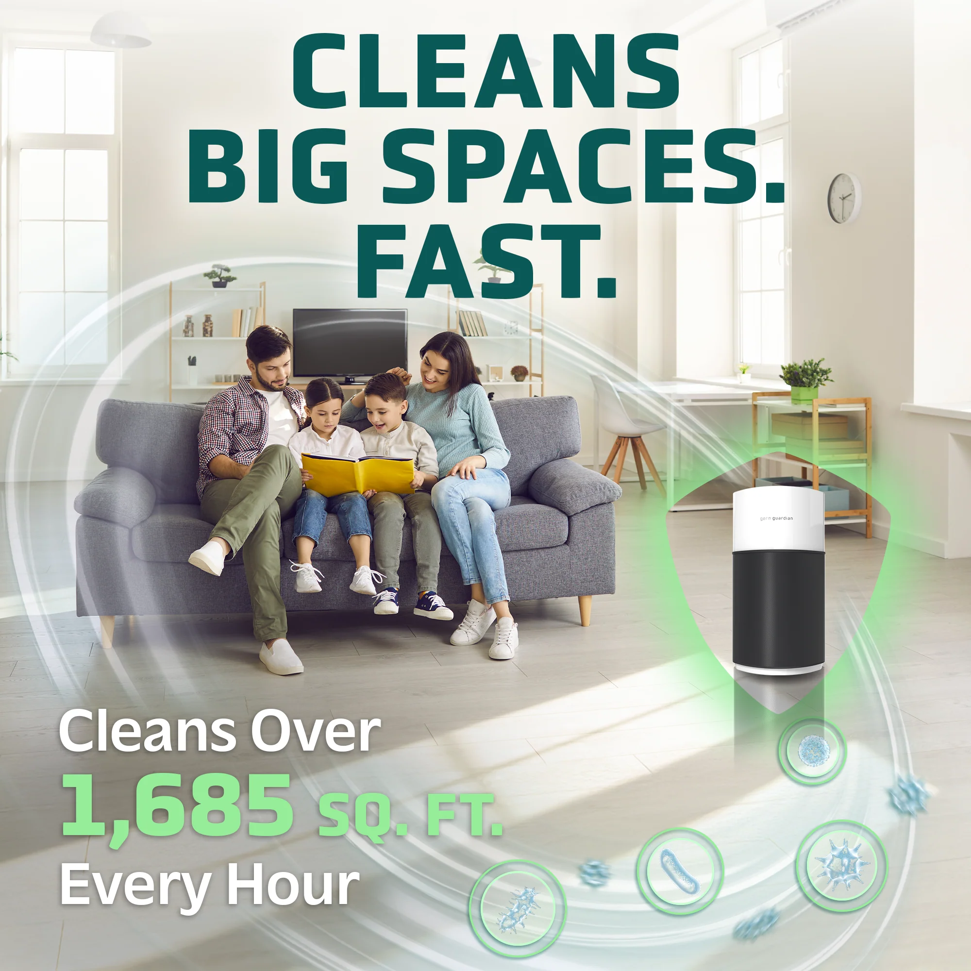 GermGuardian AC3250 AirSafe+ HEPA PURE™ 20" Smart Tower Air Purifier (360° 10-speed 4-stage UV-C filtration, black/white) - Image 2