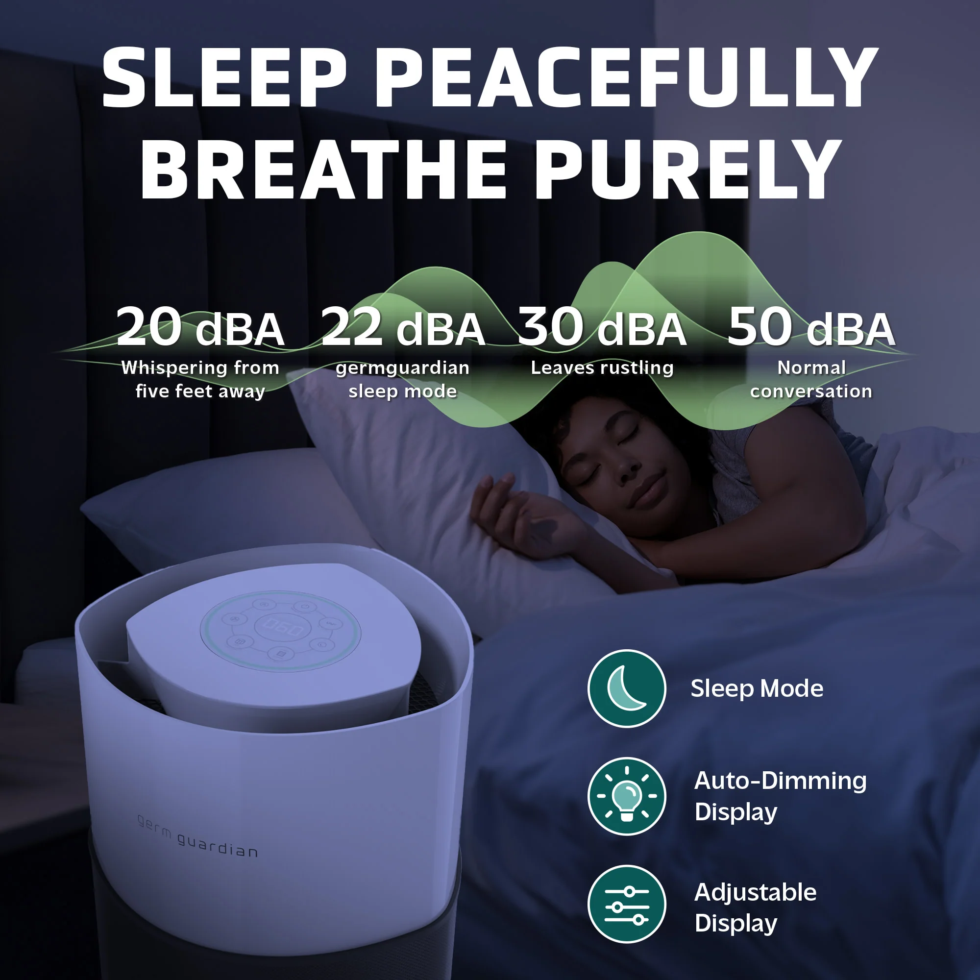 GermGuardian AC3250 AirSafe+ HEPA PURE™ 20" Smart Tower Air Purifier (360° 10-speed 4-stage UV-C filtration, black/white) - Image 7