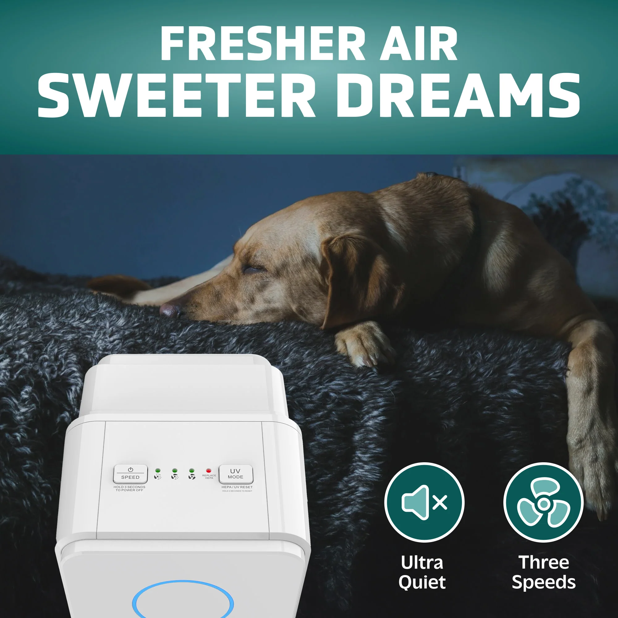 GermGuardian AC4300 PET PURE™ 22" Tower Air Purifier (3-speed 4-stage UV-C filtration, white) - Image 3