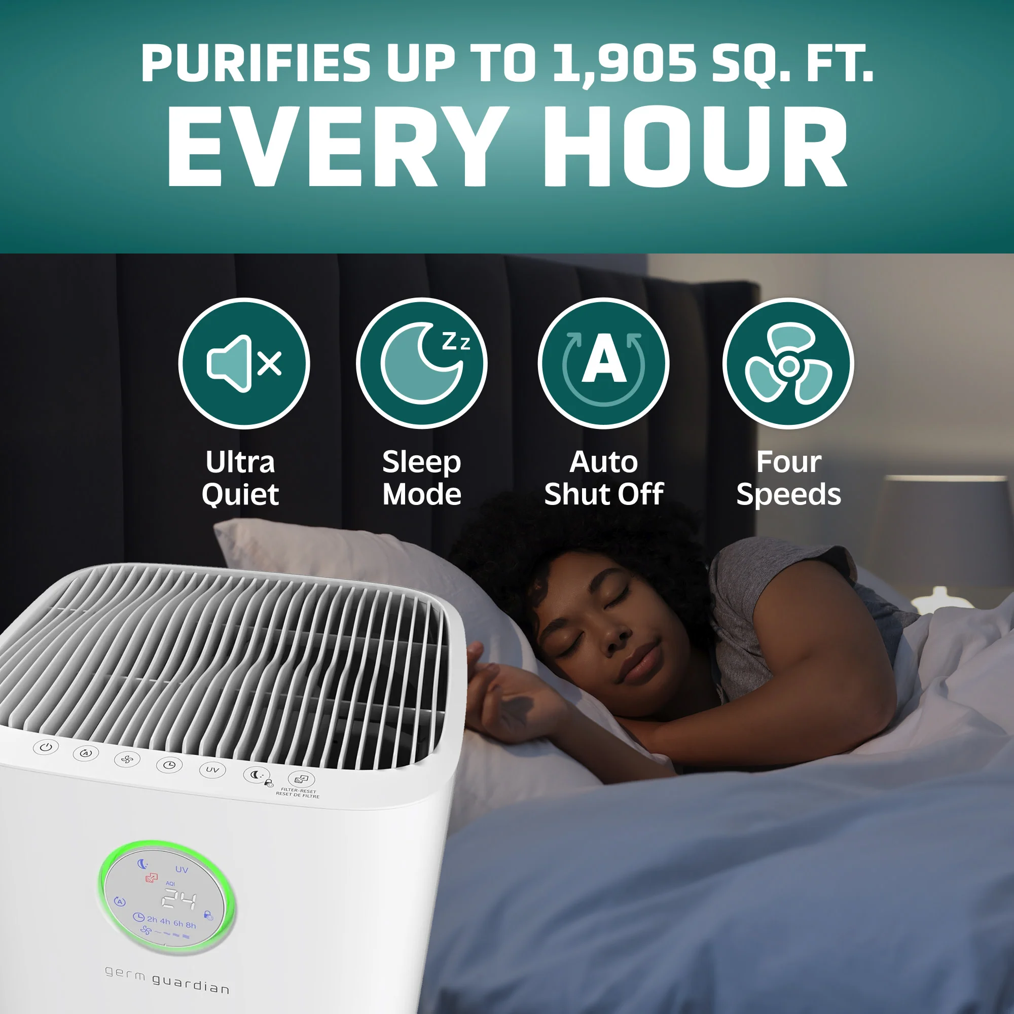 GermGuardian AC5109 HEPA PURE™ 24" Console Air Purifier (360° 4-speed 4-stage UV-C filtration, white) - Image 3