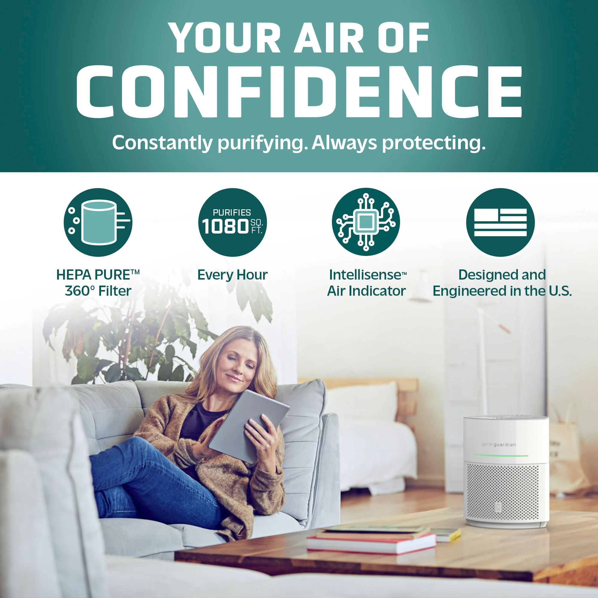 GermGuardian AP3151 AirSafe Air Purifier with 360 Degree HEPA 13 Filter and Air Quality Sensor - Image 2