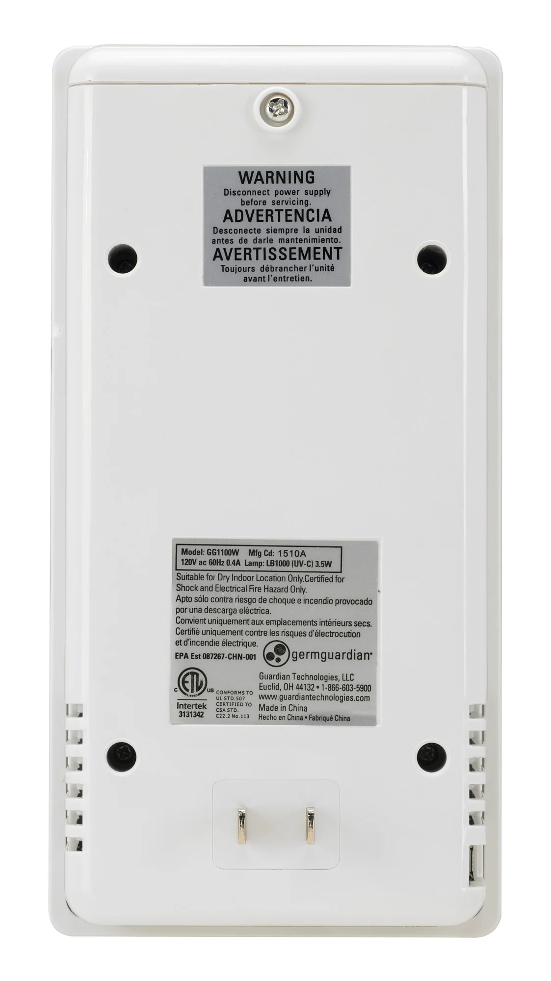 GermGuardian GG1100 Elite Pluggable UV-C Air Sanitizer, Odor Reduction (white) - Image 7