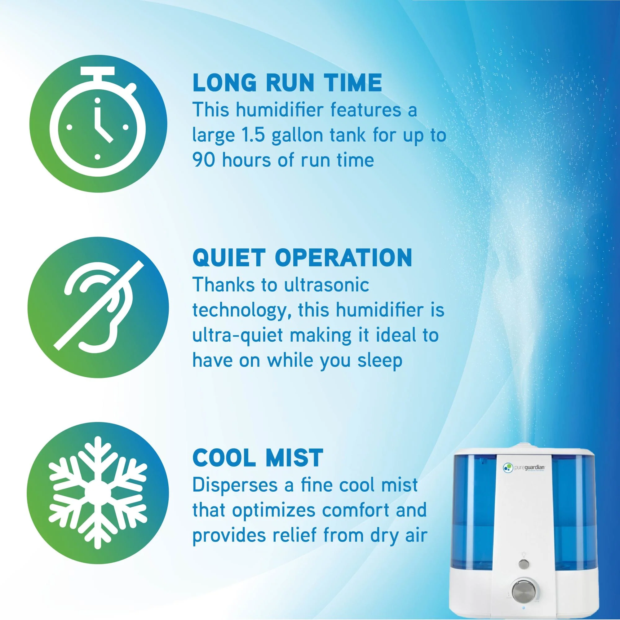 PureGuardian H1175 Top Fill Ultrasonic Cool Mist Humidifier with Aromatherapy Tray, 1.5-Gallon - Image 4