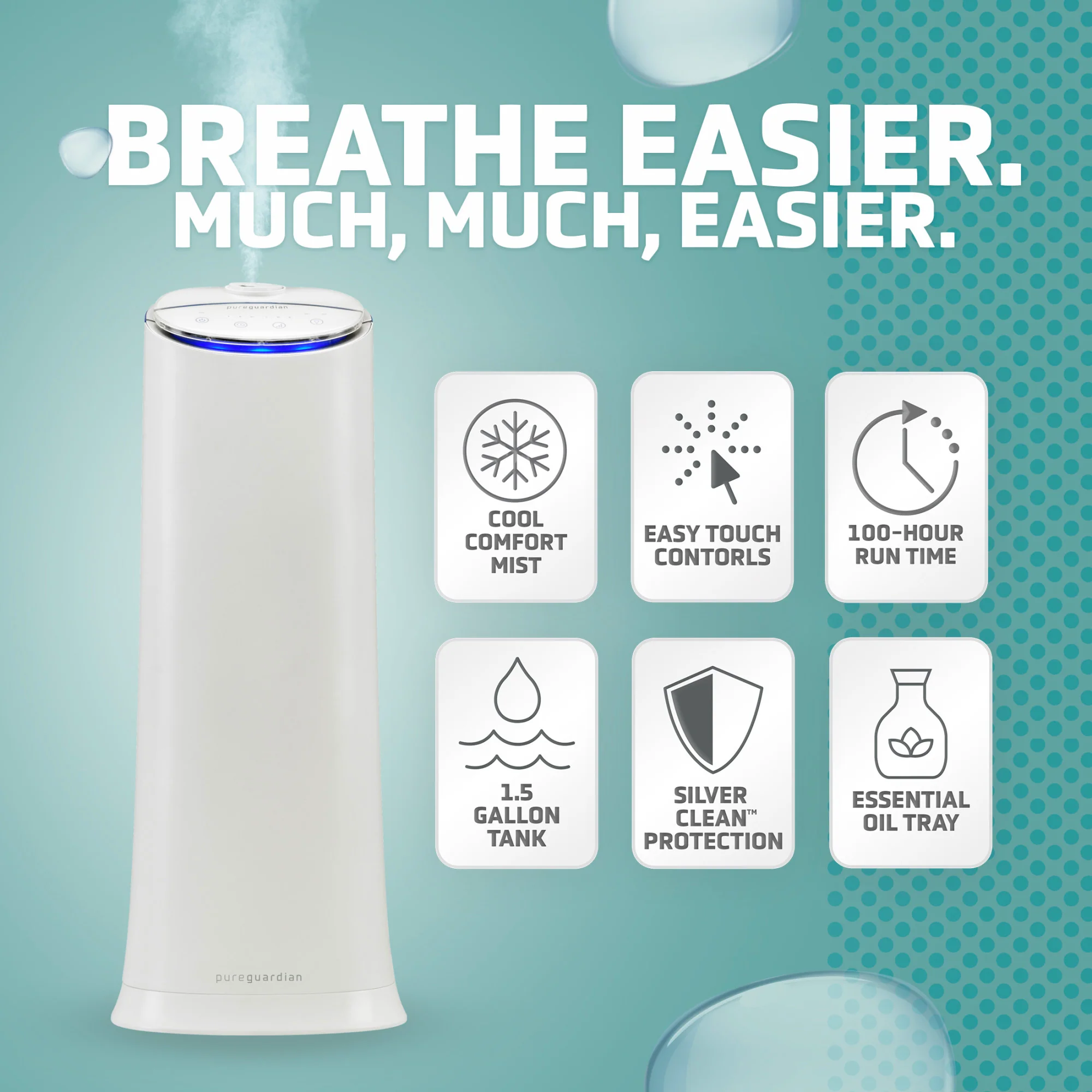 PureGuardian H3200 Ultrasonic Cool Mist Humidifier Tower with Aromatherapy Tray, 1.5-Gallons (white) - Image 2