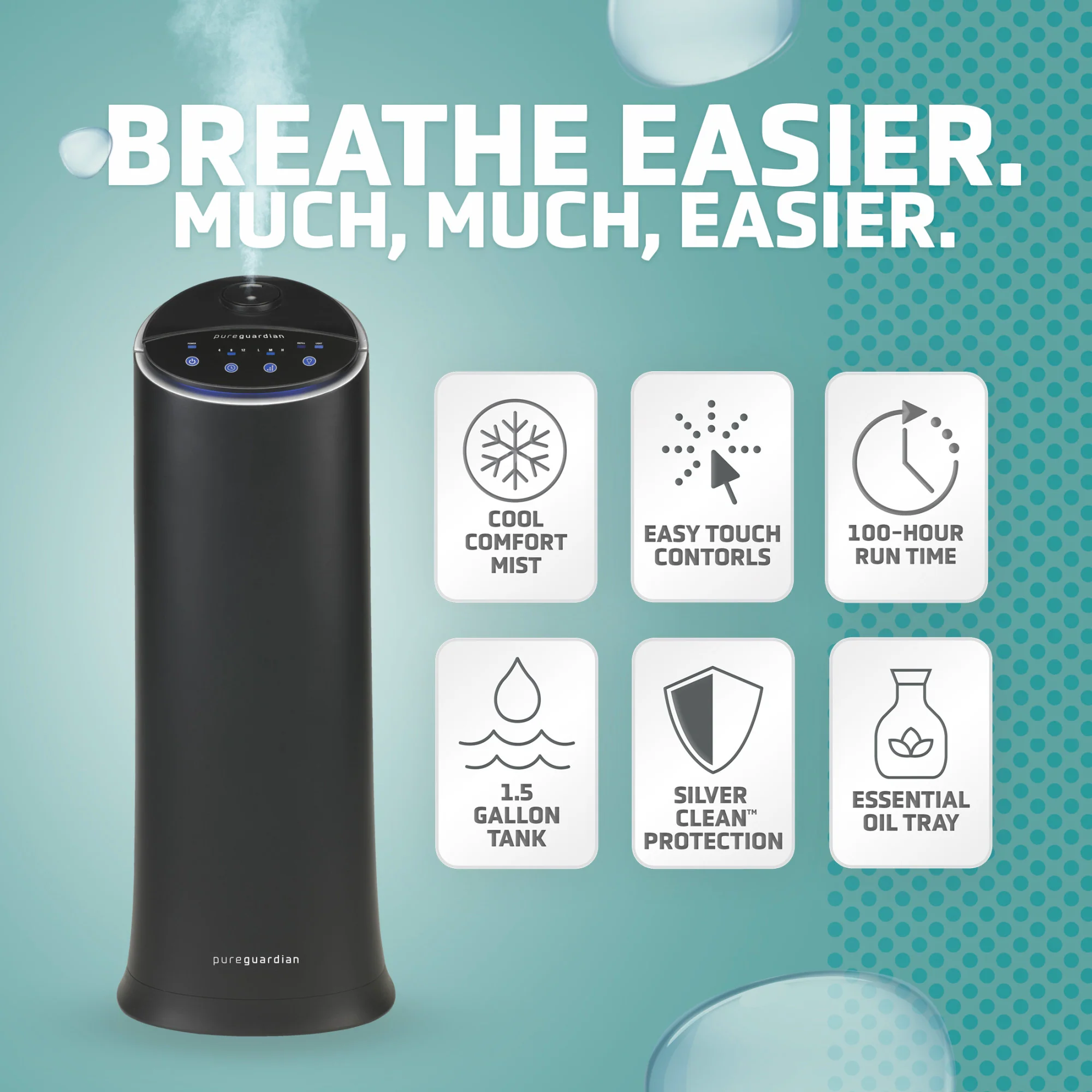 PureGuardian H3200 Ultrasonic Cool Mist Humidifier Tower with Aromatherapy Tray, 1.5-Gallons (black) - Image 2