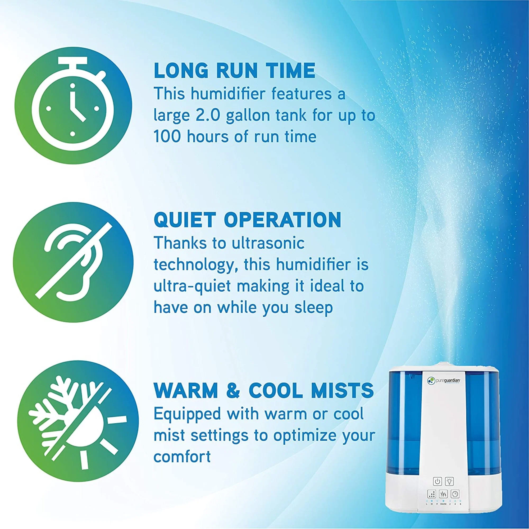 PureGuardian H5225 Top Fill Ultrasonic Cool and Warm Mist Humidifier with Aromatherapy Tray, 2-Gallon - Image 3