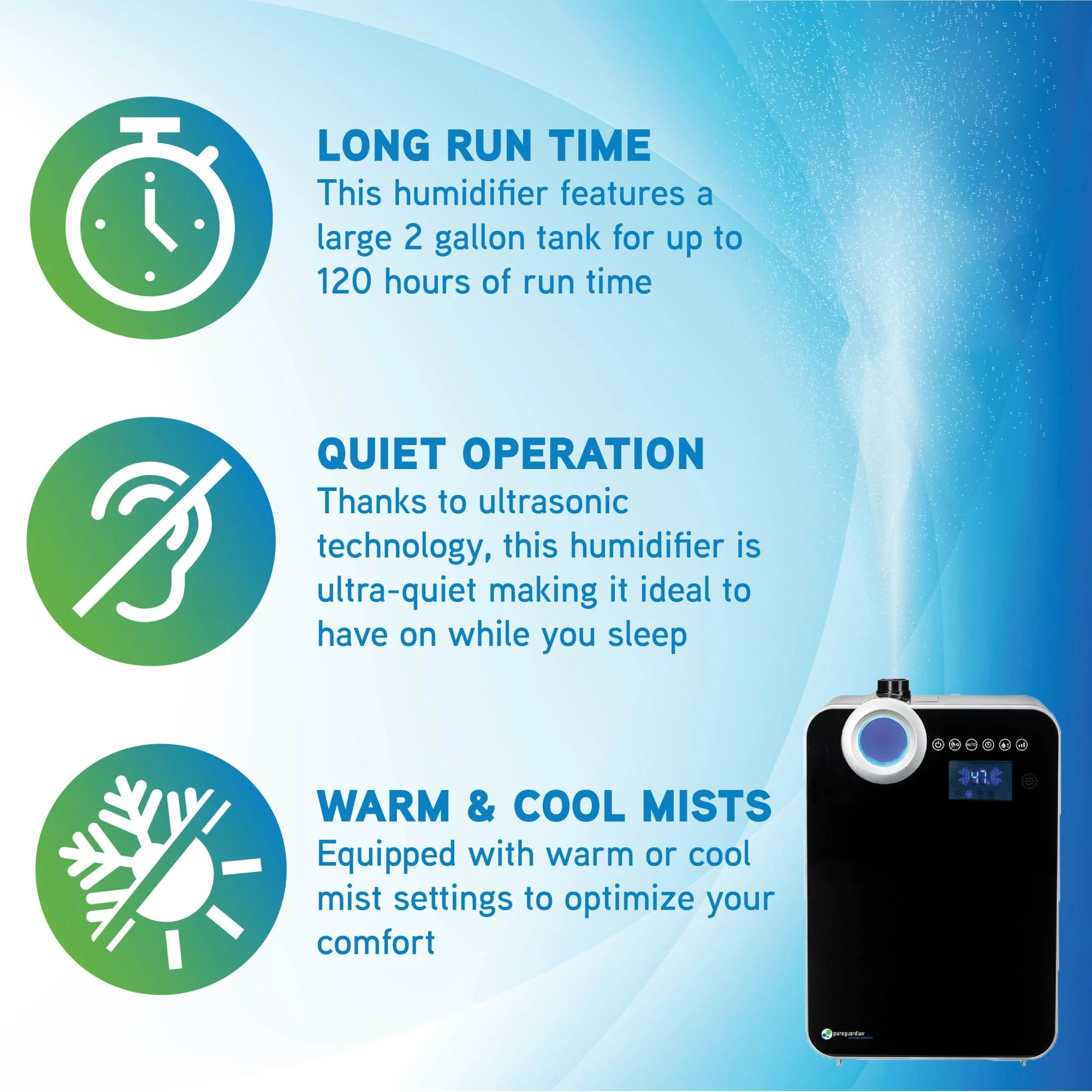 PureGuardian H8000B Elite Ultrasonic Warm Mist & Ultrasonic Cool Mist Digital Humidifier with Extendable Wand - Image 3