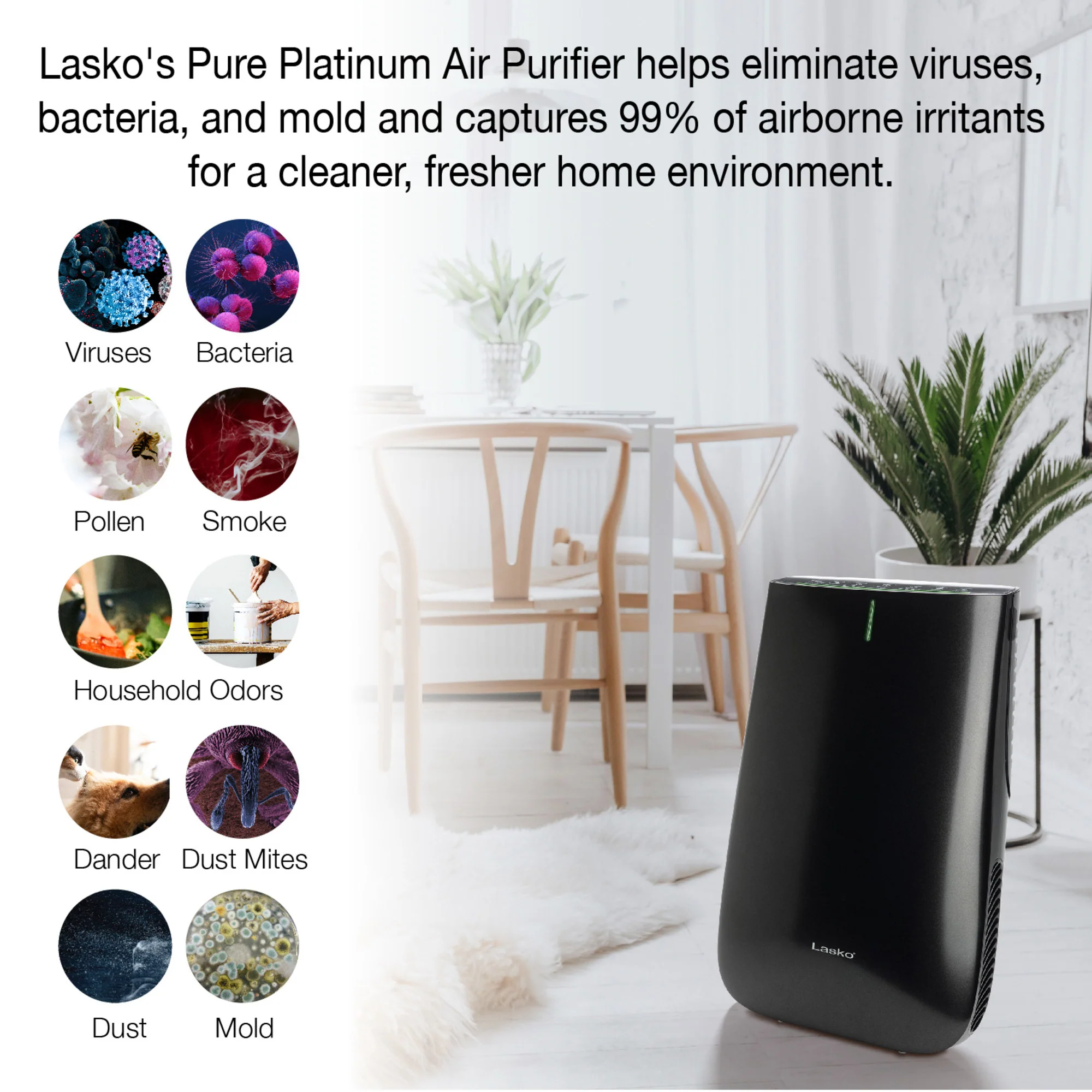 Lasko HF25630 Pure Platinum HEPA 28" Console Air Purifier (3-speed 3-stage UV-C filtration, black) - Image 4