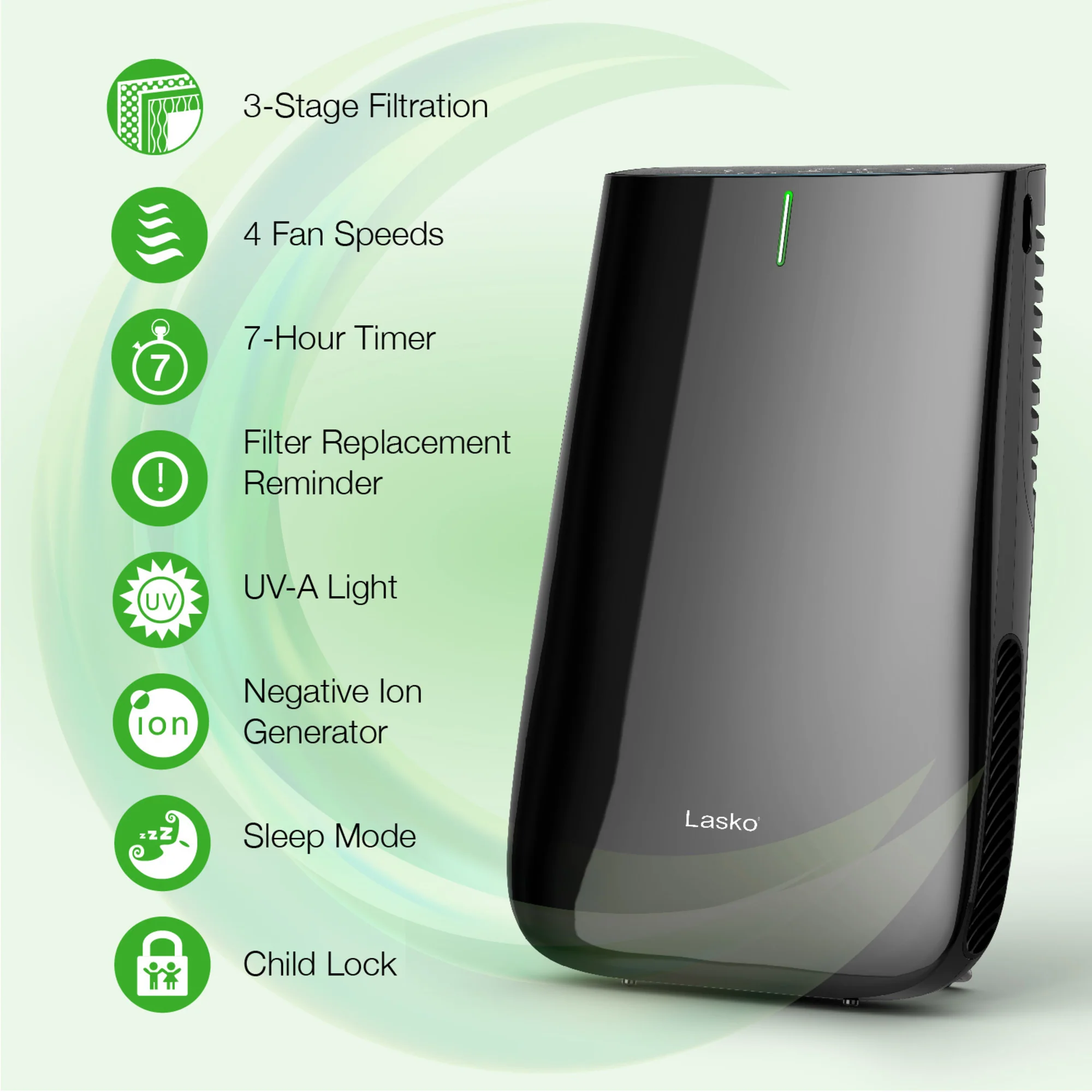Lasko HF25630 Pure Platinum HEPA 28" Console Air Purifier (3-speed 3-stage UV-C filtration, black) - Image 5