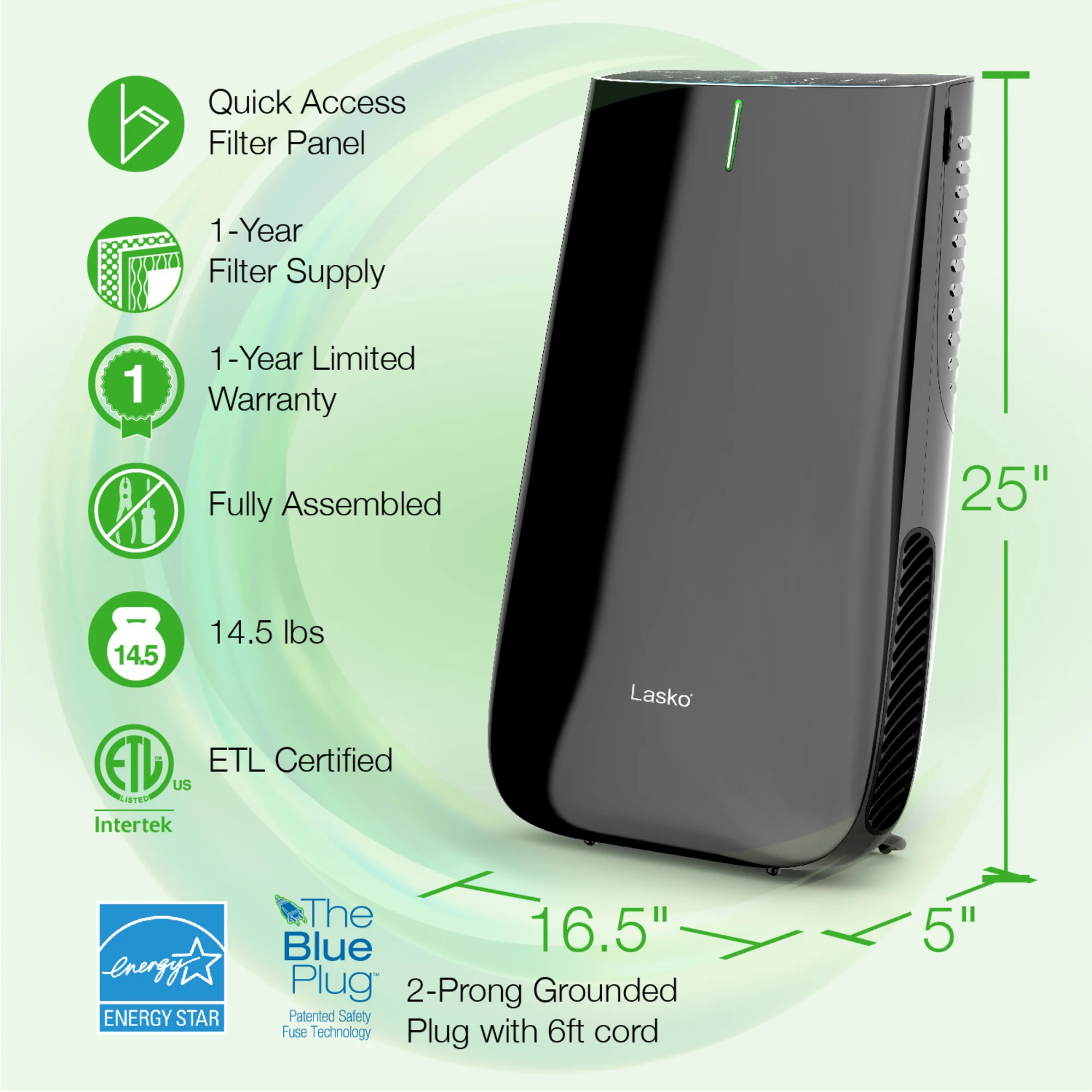 Lasko HF25630 Pure Platinum HEPA 28" Console Air Purifier (3-speed 3-stage UV-C filtration, black) - Image 7