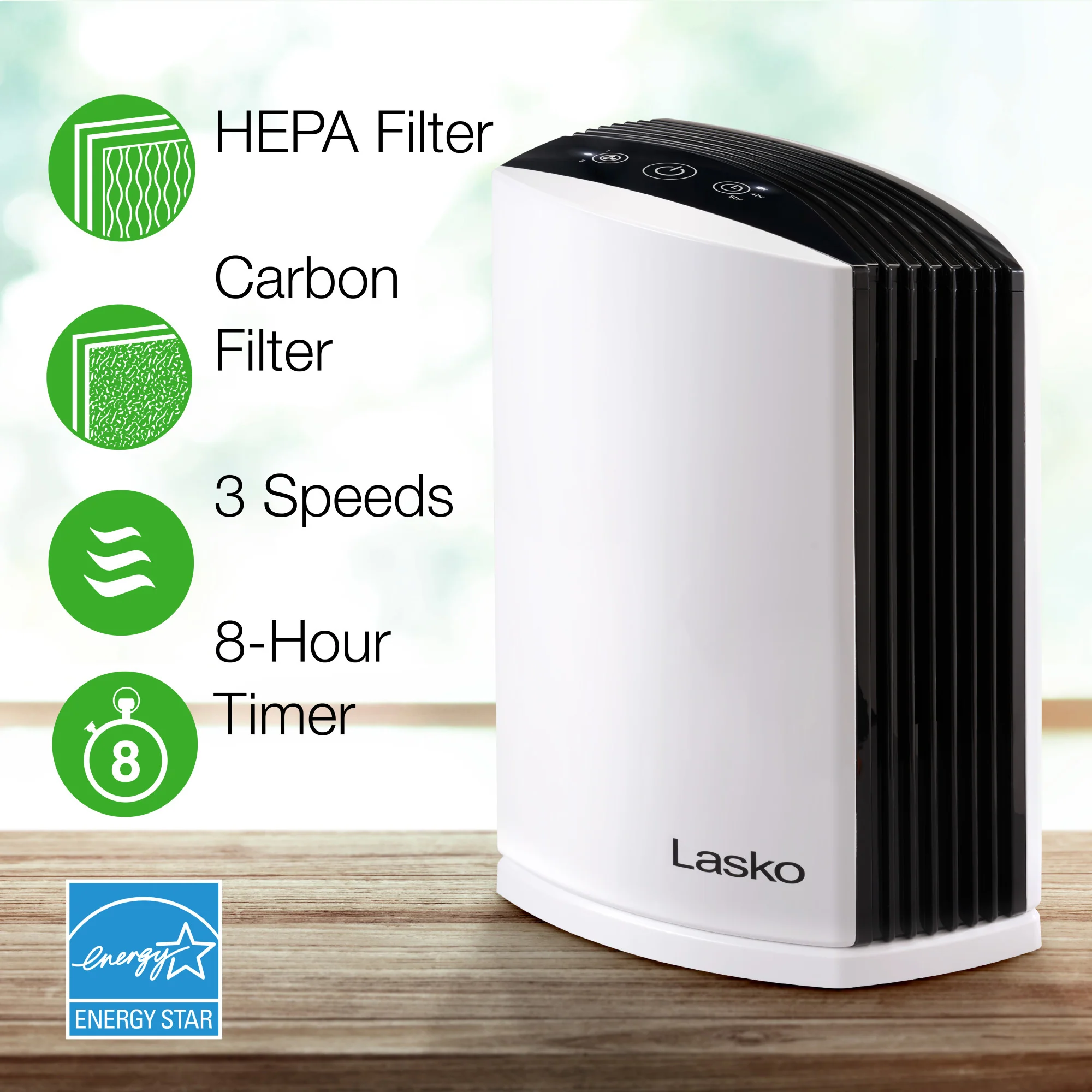 Lasko LP200 HEPA 15" Table Top Air Purifier (3-speed 2-stage filtration, white/black) - Image 2