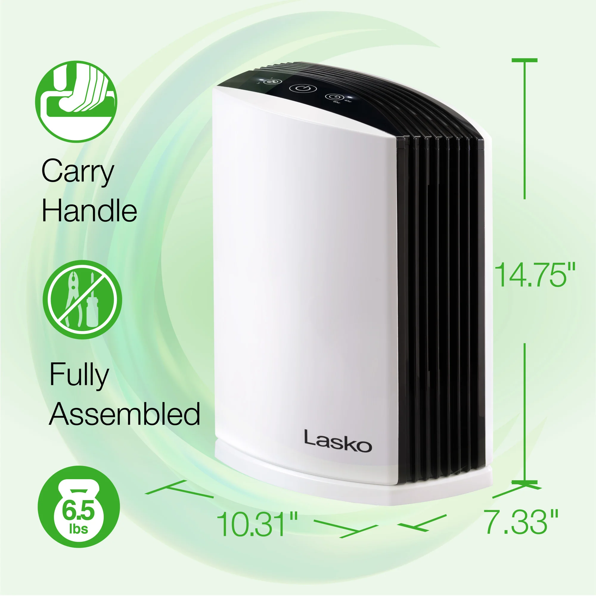 Lasko LP200 HEPA 15" Table Top Air Purifier (3-speed 2-stage filtration, white/black) - Image 6