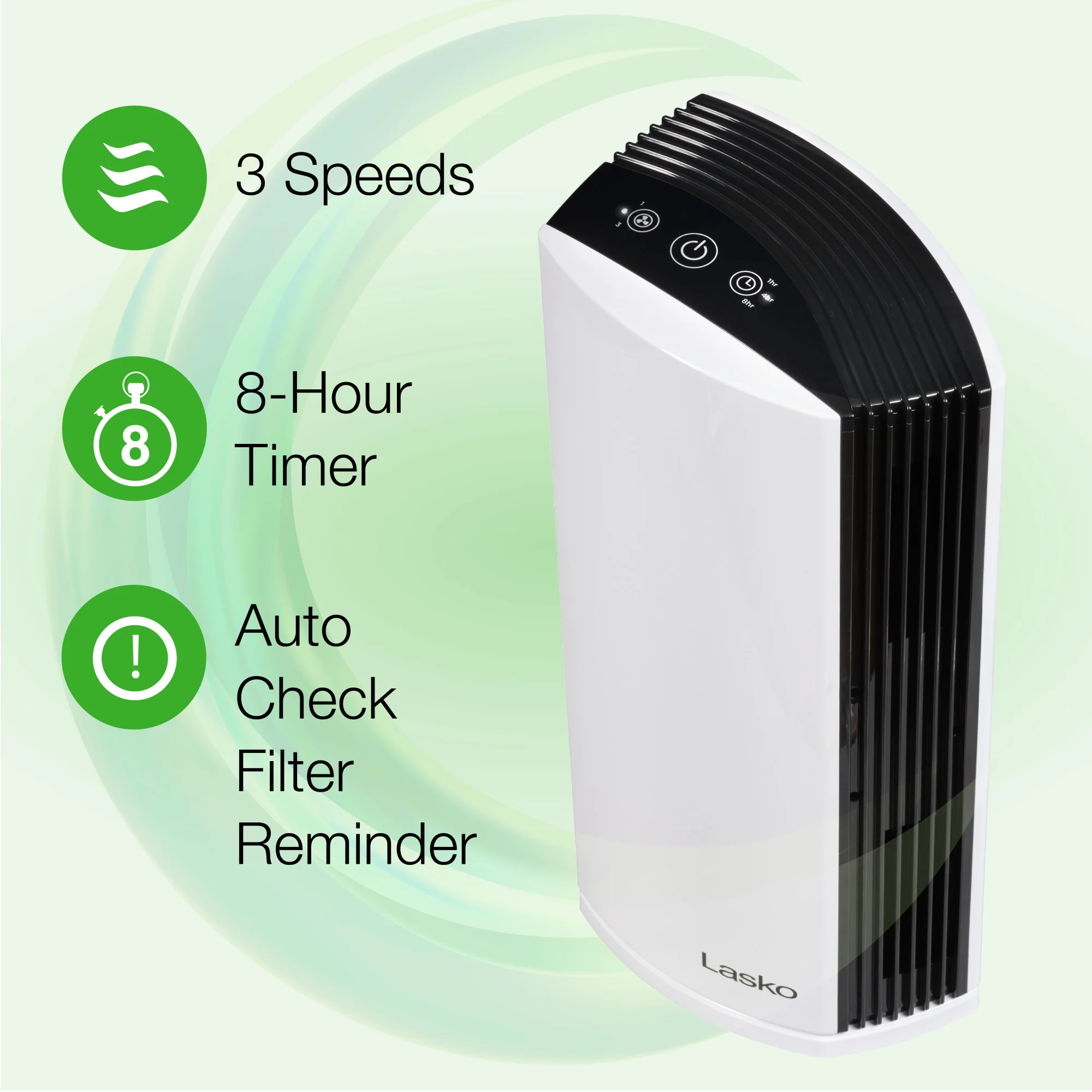Lasko LP300 HEPA 22" Tower Air Purifier (3-speed 2-stage filtration, white/black) - Image 3