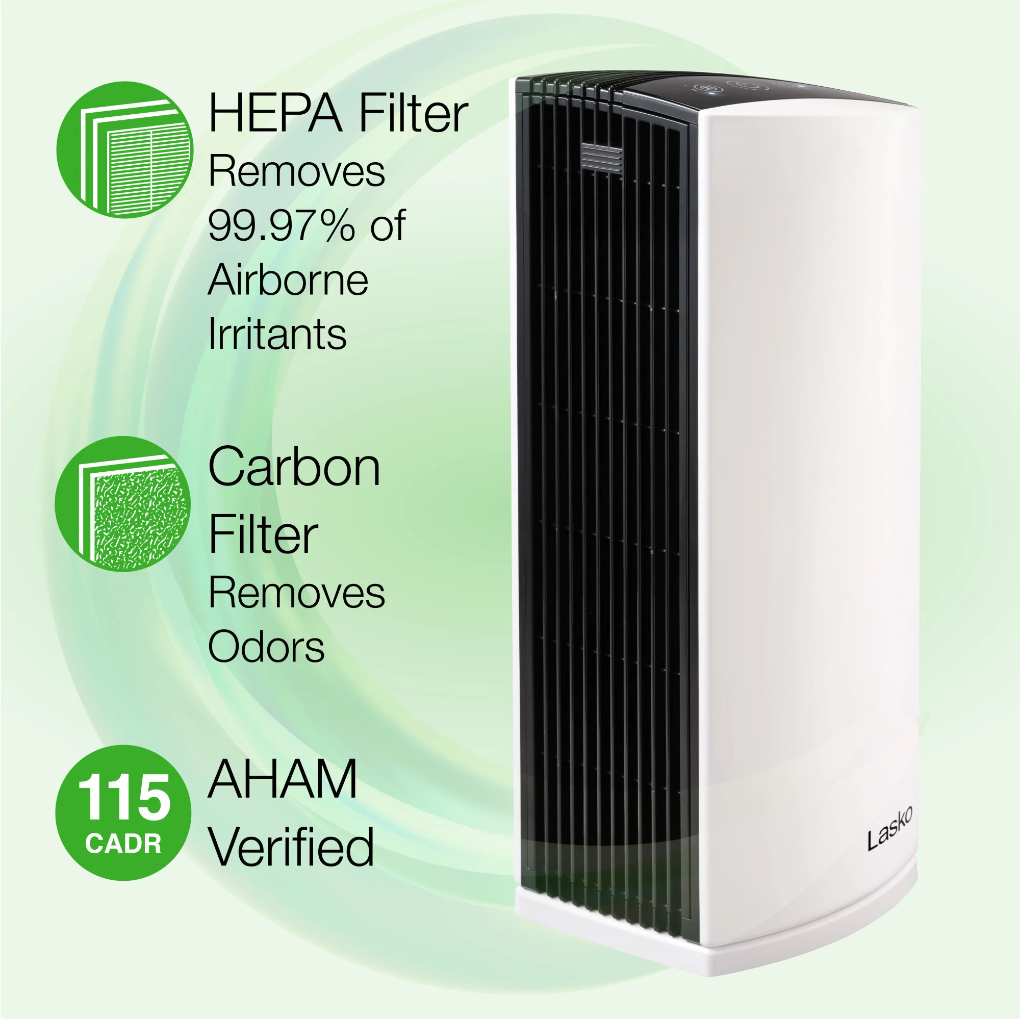 Lasko LP300 HEPA 22" Tower Air Purifier (3-speed 2-stage filtration, white/black) - Image 4