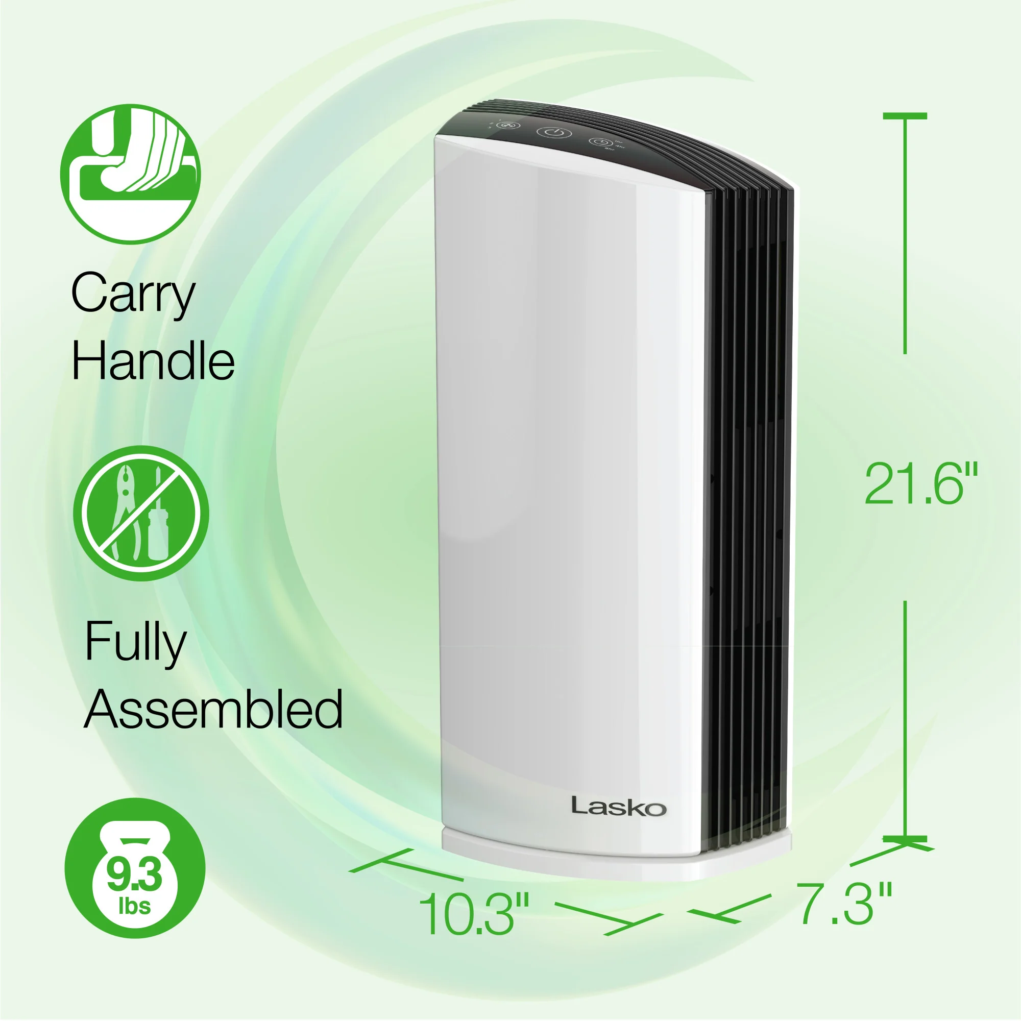 Lasko LP300 HEPA 22" Tower Air Purifier (3-speed 2-stage filtration, white/black) - Image 6