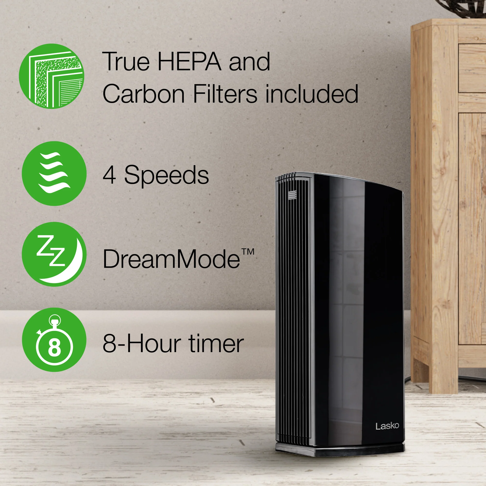 Lasko LP450 HEPA 22" Tower Air Purifier (4-speed 2-stage filtration, black) - Image 4