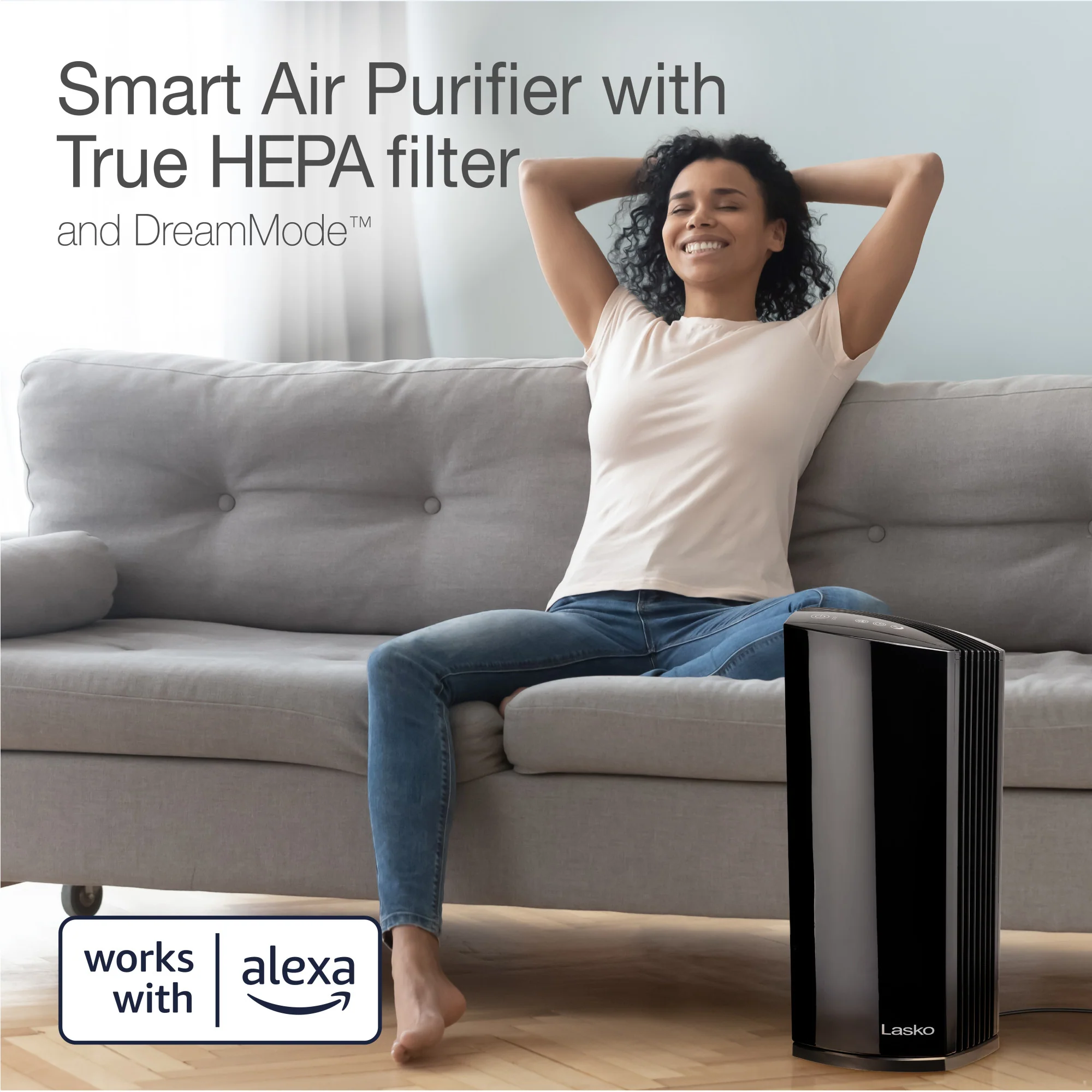 Lasko LP450 HEPA 22" Tower Air Purifier with Alexa (4-speed 2-stage filtration, black) - Image 2