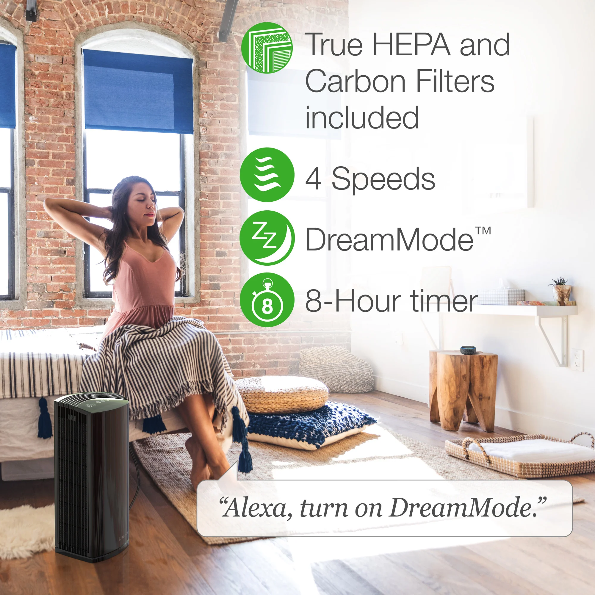 Lasko LP450 HEPA 22" Tower Air Purifier with Alexa (4-speed 2-stage filtration, black) - Image 4