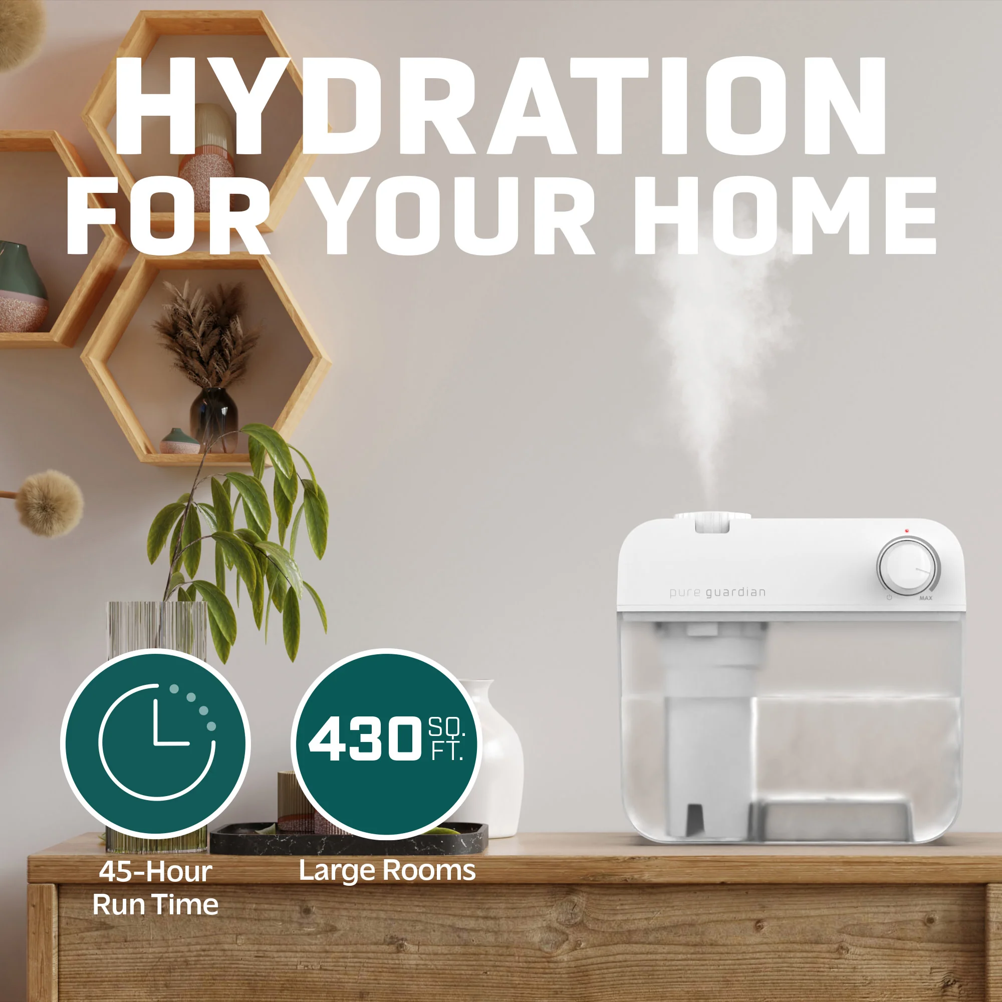 PureGuardian H1035W 40-Hour, 1-Gallon, Easy to Clean Cool Mist Ultrasonic Humidifier - Image 4