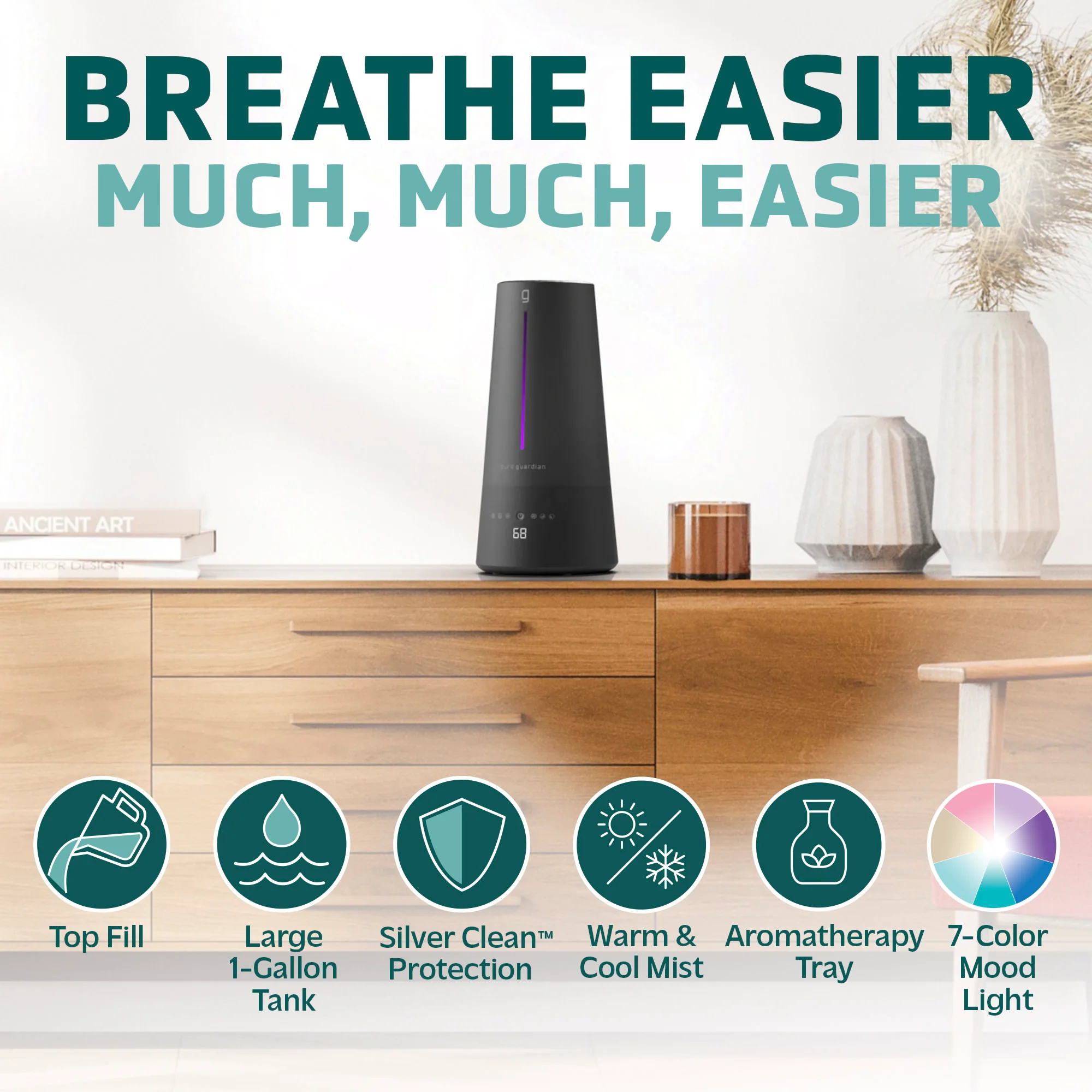 PureGuardian H5665B 90-Hour, 1.5 Gallon Warm and Cool Mist Ultrasonic Humidifier with Humidistat and UV-C - Image 3