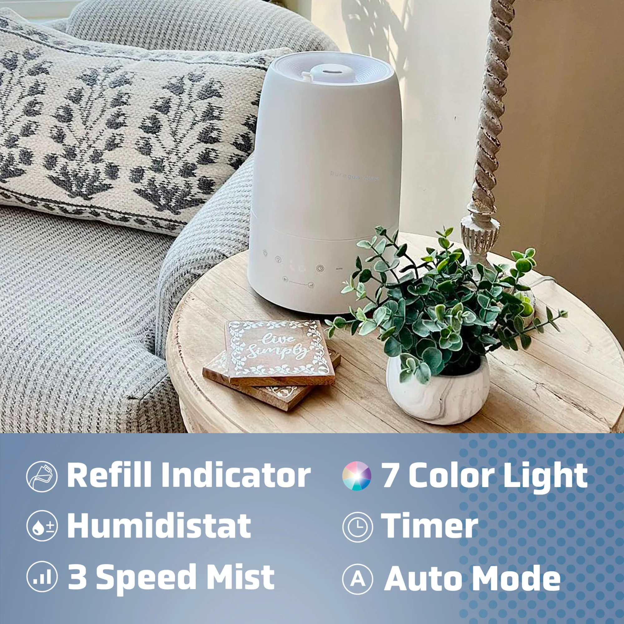 PureGuardian H955W 30-Hour Ultrasonic Top Fill Cool Mist Humidifier with Humidistat, .50 Gallon - Image 3
